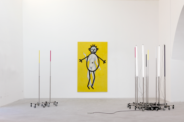 Collezione Paolo Brodbeck, Luoghi dove la poesia è possibile, 2018. Works by Urs Lüthi, Selfportrait, 1987, and Christoph Meier, Untitled. Discotheque, 2009