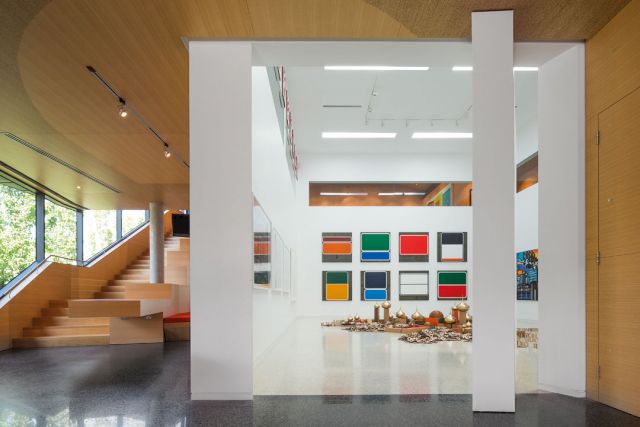 Installation view at Lyon Housemuseum. (Artworks: rear wall - Peter Atkins, Hume Highway Project, 2010; floor work - Emily Floyd, The Outsider, 2005); courtesy Lyon Housemuseum, Kew, Australia