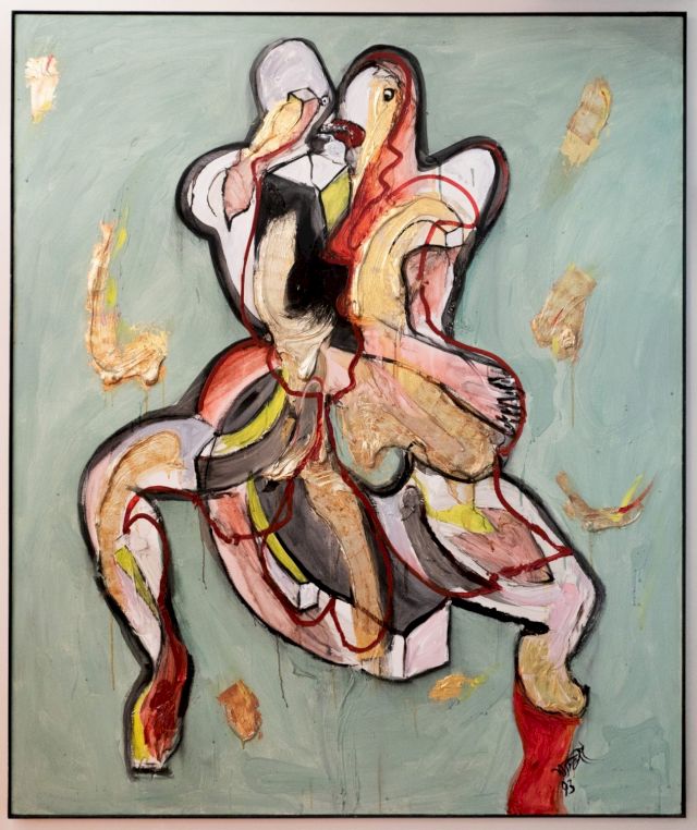 Wolf Vostell, Die Umarmung, 1993, Acryl + Blattgold on Canvas, 190 x 160 cm