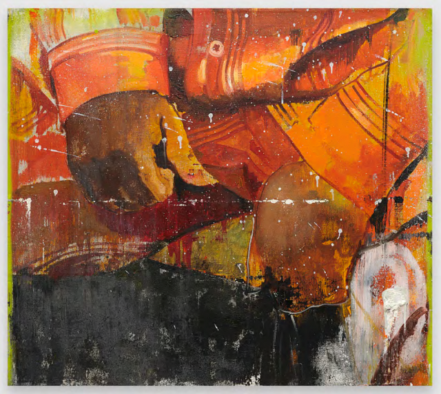 Devin B. Johnson, Bernie, 2021, oil, oil stick, and spray paint on linen, 81,28 × 91,44 cm