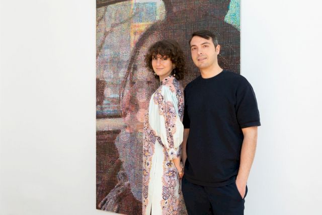 Collectors Sveva d’Antonio and Francesco Taurisano in front of Ariadne (2022) by Asher Liftin, photo by Valentina Vitali