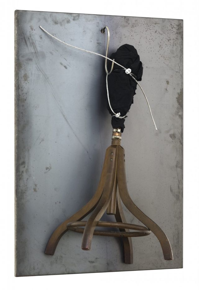 Yannis Kounellis, Untitled, 2016, Iron, wood and fabric 100 × 79 × 39 cm