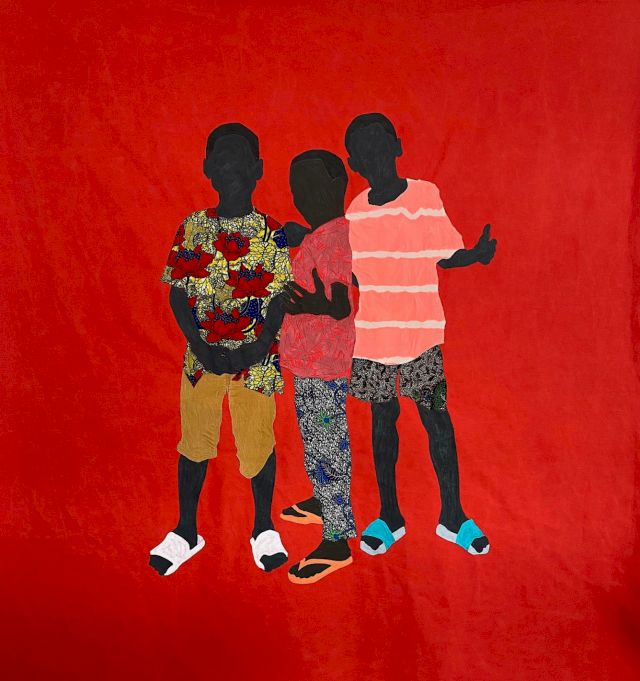 Raphael Adjetey Adjei Mayne, TAKE A PICTURE, 2021 Acrylic and African wax print on canvas, Unstretched 205 × 190 cm