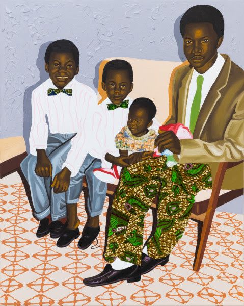 Cornelius Annor, “The younger generation” Or Akyiremma, 2022, acrylic, fabric and fabric transfer on canvas, 151 × 121 cm