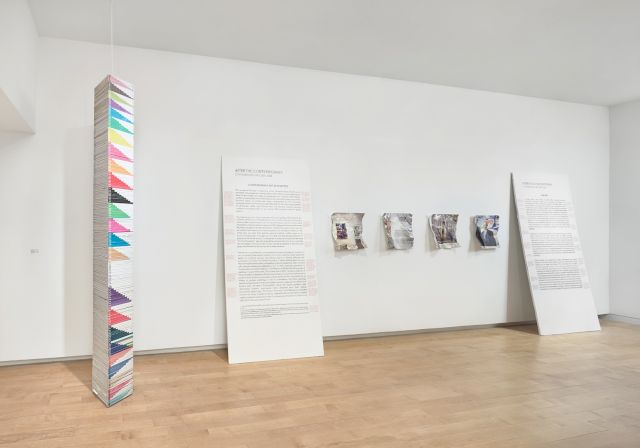 William Powhida, Installation view from After the Contemporary, Aldrich Museum, Ridgefield, CT, works pictured: Twenty Five Years of Impenetrable Discourse, 2017; Didactics, 2017; After the Contemporary Wall Texts, 2017