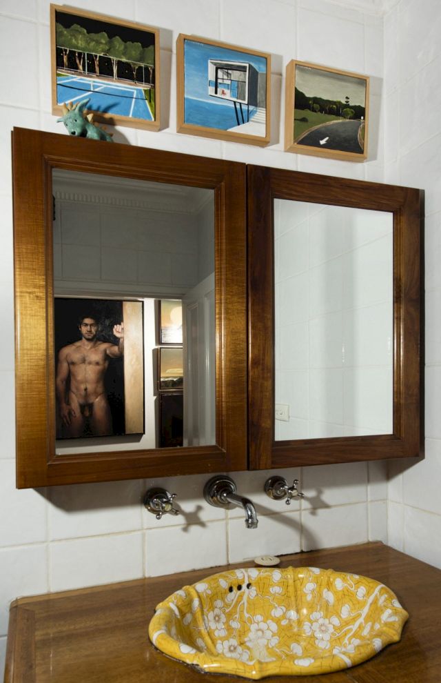 Bathroom (installation view) with works by Noel McKenna, Anne Ross and Peter Churcher (reflected in mirror). Image: Christopher Pearce