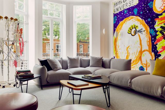 Kensington, London, 2021; from the left: Haegue Yang, Up and Down Between Twins, 2010; Judith Bernstien, Birth of the Universe #33, 2014. Photo by Michael Sinclair