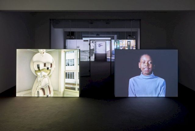 (l–r) MARK LECKEY, Made in 'Eaven, 2004; CHRISTIAN JANKOWSKI, What Remains, 2004 (installation view). Photo: Simon Vogel, Cologne