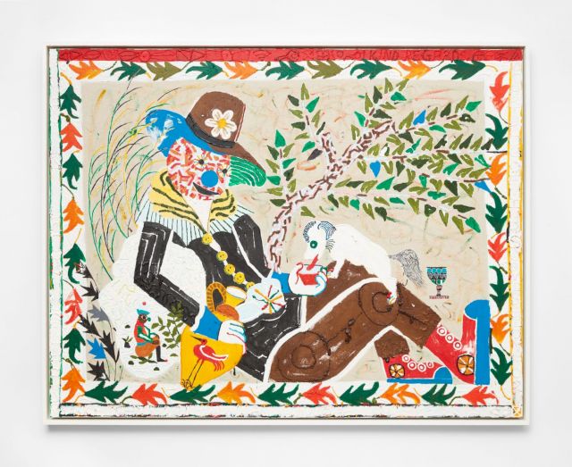 MICHAEL SWANEY, Hombre reclinado con almohada, jarron, y perro (Reclining man with pillow, vase, and dog), 2014