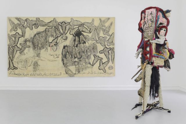 (l–r) SHINE SHIVAN, Khoon Saja Lothda, 2014; Flesh with the crowd, 2016 (installation view). Photo: © Pascal Vanneau