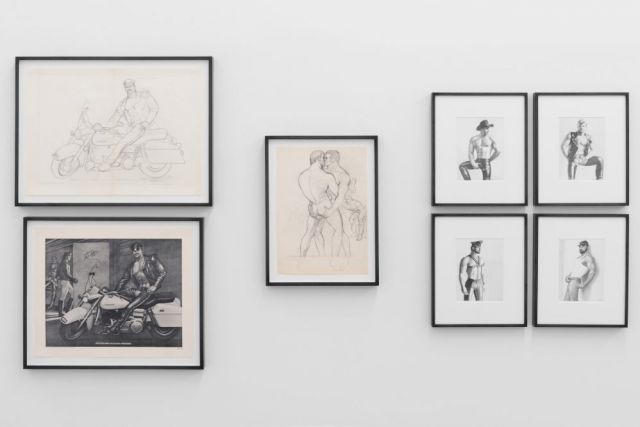 (l–r) TOM OF FINLAND, The Pits finished; The Pits finished - preparatory drawing, 1982; Preparatory Drawing, 1988; California Men ’84 print set, 1984