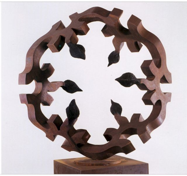 Greg Johns, Black Fractal Mandala, 2002, Corten steel, burnt red gum, 132x116x40 cm, Artist’s collection, South Australia