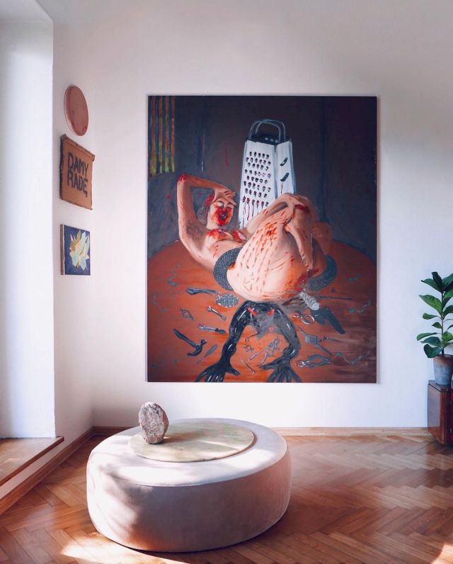 Agata Słowak, Self portrait with grater, 2019, oil on canvas, 200 x 160 cm; Paweł Matyszewski; Paweł Żukowski; Jan Możdżyński