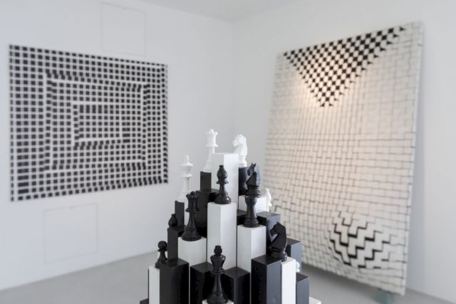 Installation view, Esther Stocker, Jarbas Lopez, Zhou Wendou. Image: Diego Ravier. @ Diego Ravier/ Hans Lucas