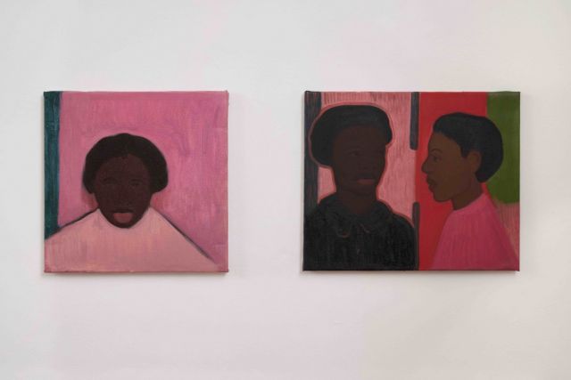 Sahara Longe, Pink and green sketch, 2021, oil on jute, 40 x 40 cm; Quick chat, 2021, oil on jute, 50 x 40 cm