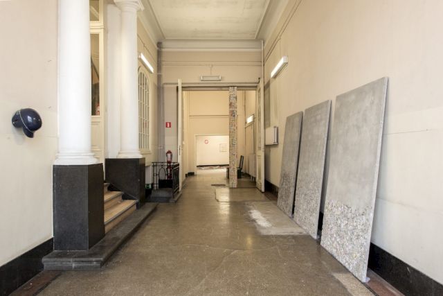 (l–r) JOTA CASTRO, Jesus, 2016; NIKOLAS GAMBAROFF, Untitled (a pillar), 2012; ALESSANDRO PIANGAMORE, Un Petalo Viola Su Un Pavimento Di Cement, 2015