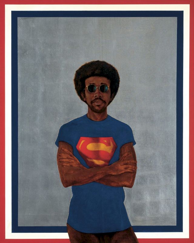 BARKLEY L. HENDRICKS, Icon for My Man Superman (Superman Never Saved Any Black People – Bobby Seale), 1969. © Estate of Barkley L. Hendricks. Courtesy the artist’s estate & Jack Shainman Gallery, NY. Superman S-Shield © & ™ DC Comics. Used with permission.