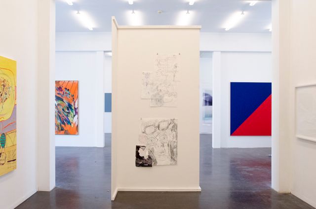 (l-r) CHRISTIAN STÖTZNER, KATHARINA GROSSE, HANS SCHULTE, JOHN BOCK, SUSA TEMPLIN, STEFAN WISSEL, SIMON SCHUBERT (installation view at REALITY CHECK, Kunstraum Potsdam)