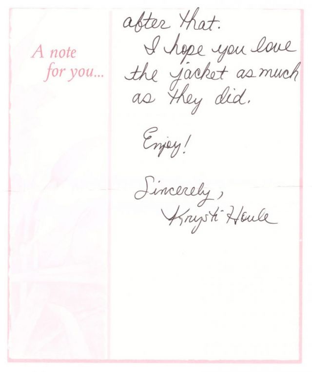 To The New Owner Of This Jacket, letter (page 4), 2013. Courtesy Steppacher Collection