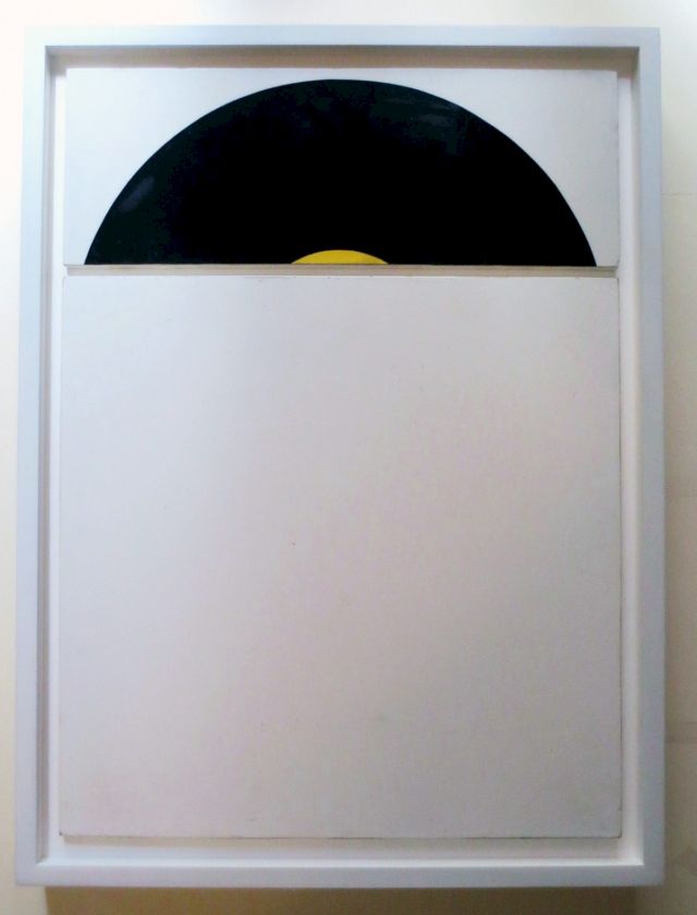 MICHAEL DUMONTIER, Untitled (Sunrise), 2008. A collage on panel work that looks like a sunrise over a minimalist horizon, and also a record coming out of its sleeve