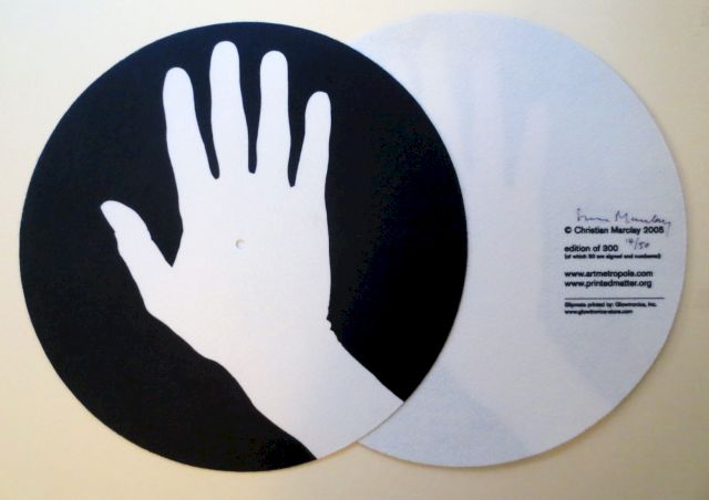 CHRISTIAN MARCLAY, Slipmats, 2005. Two turntable slipmats with sonograms of the artist’s hands; from a signed and numbered edition of 50