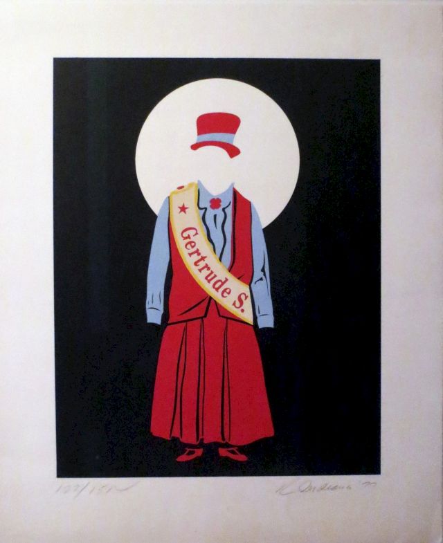 ROBERT INDIANA, Gertrude S., 1977, one of 13 prints produced by Pop artist Robert Indiana (signed and numbered edition of 150, with 36 A/Ps) of costume designs he made for the Santa Fe Opera company’s 1976 production of Gertrude Stein and Virgil Thompson’s opera 'The Mother of Us All', which tells the story of Susan B. Anthony and the suffragette movement in the U.S.