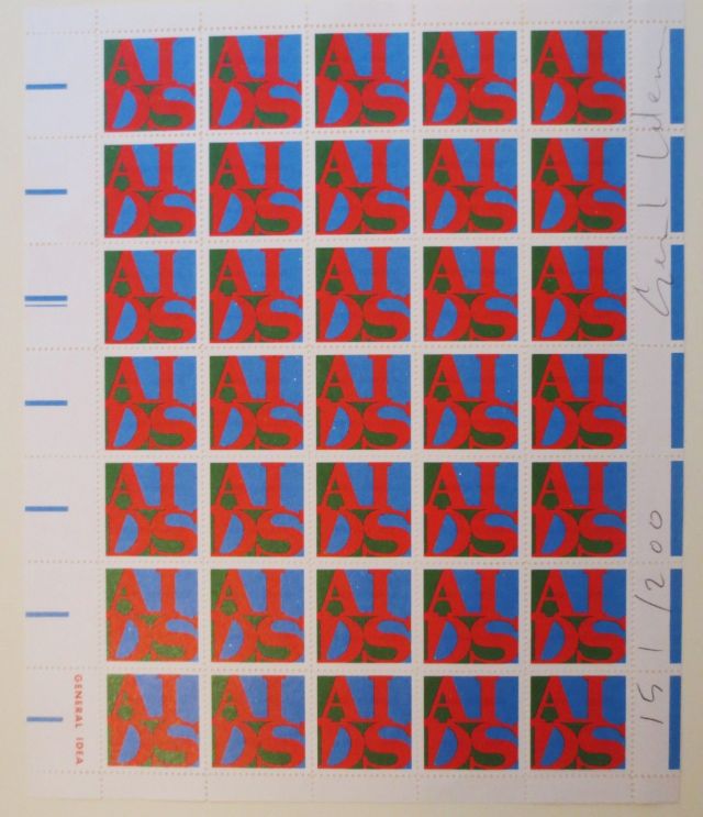 GENERAL IDEA, AIDS stamps (Parkett,) 1988. Robert Indiana did a poor job of copyrighting LOVE so many artists co-opted it, including the Canadian collective General Idea (AA.Bronson, Jorge Zontal and Felix Partz). General Idea’s “AIDS” appeared at the height of the crisis in the late 1980s/early 90s, and Zontal and Partz succumbed to the disease in 1994. “AIDS” appeared in several formats: as wallpaper, posters, paintings, a sculpture and these stamps. AIDS decimated gay communities across North America while the government did nothing