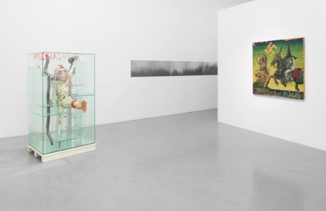 (l-r) WOLFGANG PETRICK, Bombenalarm 2005/08; TOSHIYA KOBAYASHI, Landscapes in the Mist, 2000/02; MANUEL OCAMPO, Tratado de Enfermeria (Sentencia), 1990. Courtesy Sammlung Reinking, Hamburg