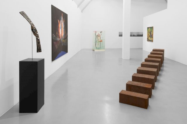 (l-r) Salawaku (Dance Shield), Molukken, Indonesian; DANIEL MAN, Narrenschiff, 2007; WOLFGANG PETRICK, Bombenalarm, 2005/08; TOSHIYA KOBAYASHI, Landscapes in the Mist, 2000/02; MANUEL OCAMPO, Tratado de Enfermeria (Sentencia), 1990; WULF KIRSCHNER, Vom Quader zum Würfel, 1991. Courtesy Sammlung Reinking, Hamburg