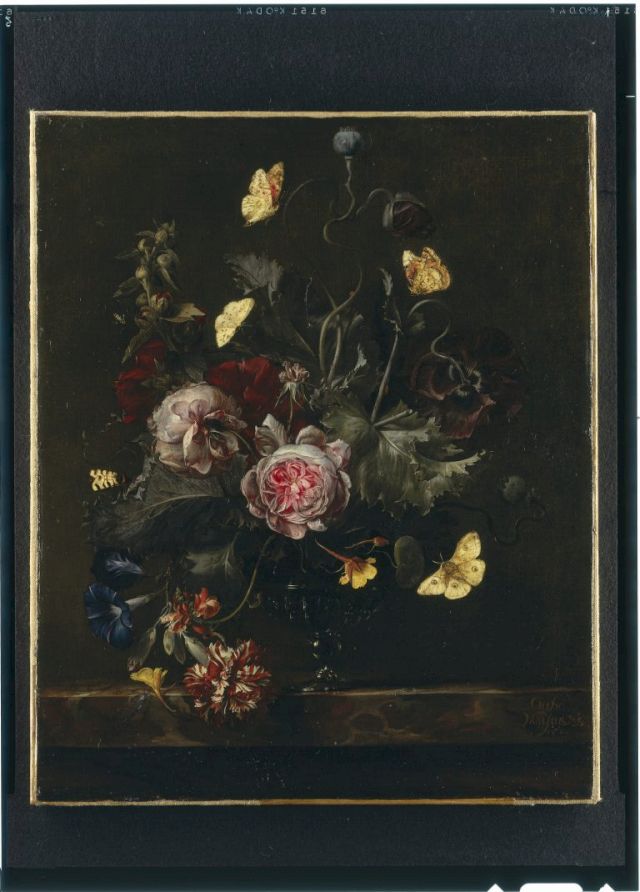 OTTO MARSEUS VAN SCHRIECK, Glasvase mit Blumenbouquet und Insekten, 1660