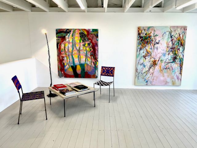 Collection hang, The Artbarn, The ARNDT Collection, Cape Schanck: Franz West "Onkel Stuhl" chairs (2004), Franz West, "Privat Lampe des Künstlers II" (1989) Misheck Masamvu "Conflicted" (2017), Xiyao Wang "Happy New Year no.1" (2021)