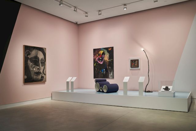 Installation view The ARNDT Collection From One World to Another, Shepparton Art Museum, Shepparton, Australia David Noonan "Untitled" (2011), Rainer Fetting "mad clown" (2017), Joe Colombo "Tube Chair" (ca. 1970), Franz West "Privat Lampe des Künstlers II" (1989), Lippo d’Andrea "Christ appearing to his mother, Florence 1377" (After 1427), Joseph Beuys "Pietà" (ca. 1952)