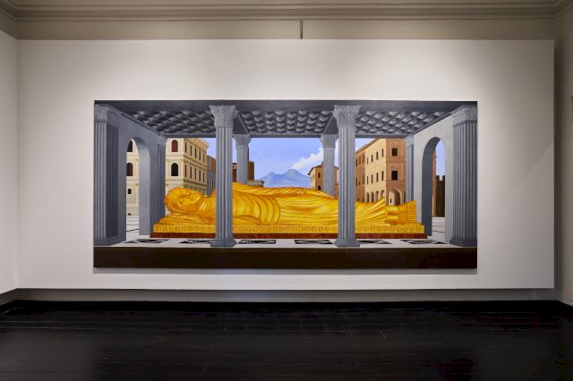 Natee Utarit, The Reclining Buddha with Volcano, 2019, Oil on canvas, 220 x 520 cm (triptych). Photo: Courtesy of The Private Museum, Singapore