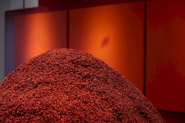 Kumari Nahappan, Anahata, 2013/2023, Saga seeds, Dimensions variable. Photo: Courtesy of The Private Museum, Singapore