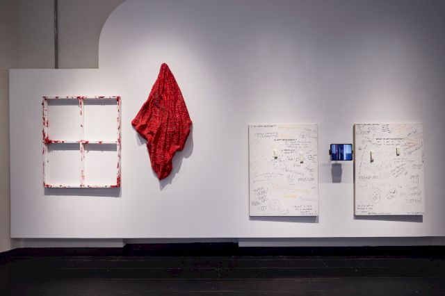 Jane Lee, Beneath III, 2011, Mixed media on canvas, Frame: 120 x 100.5 x 4.5 cm, Canvas: 153 x 82 x 13.5 cm. Lee Wen, Is Art Necessary? What is Art Good For?, 2002, Mixed media on board (performance relic) and two-part video documentation Performance relic: 122 x 91.5 cm (each) Video documentation: 15 min 58 sec (total). Photo: Courtesy of The Private Museum, Singapore