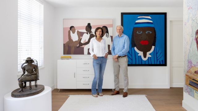 Portrait of Carla & Pieter Schulting, Artworks from left to right: Tschabalala Self (2022), Thenjiwe Niki Nkosi (2021), Isshaq Ismail (2022). Courtesy of Carla and Pieter Schulting, Photo: RobinMeyer_artdoc