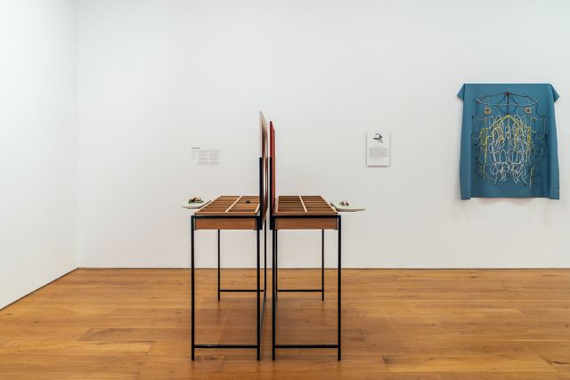 Installation view: Falke Pisano, 'The Value in Mathematics. Negotiations in exchange', 2015 and 'The Value in Mathematics. Exchange one for plural (blue)', 2015. Collection de Bruin-Heijn. Photo by Lais Pereira