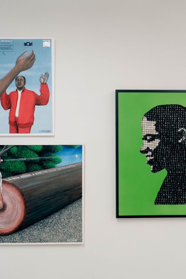 Installation view with works by Chéri Samba and Maurice Mbikayi. Photo by Kim Langie
